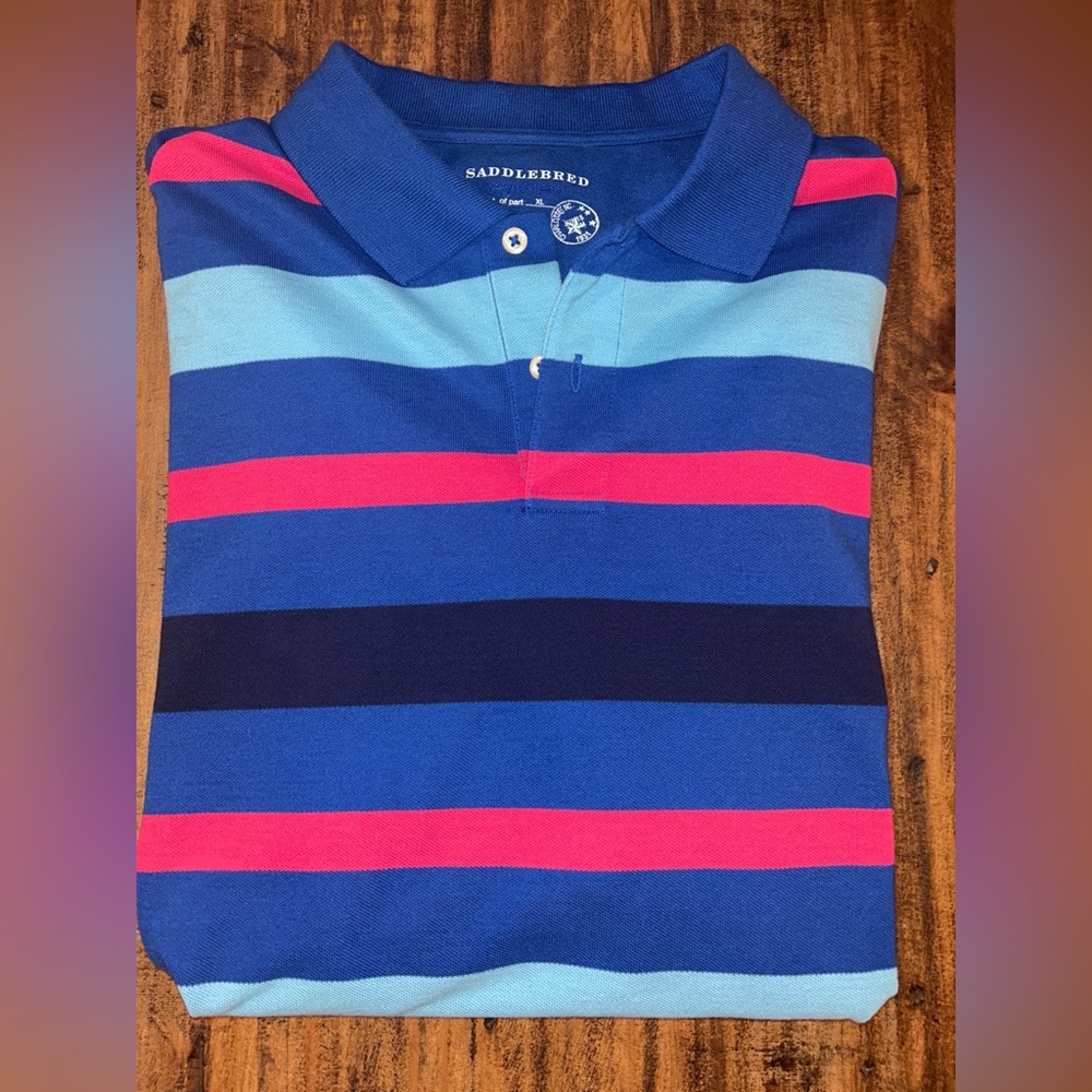 Saddlebred Men’s XL Striped Polo Shirt Blue with Red and Light Blue Stripes